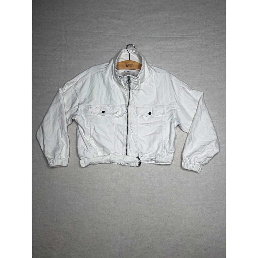 Pull&Bear Women's M White Denim Jacket Cropped Belted Full Zip Made Bangladesh